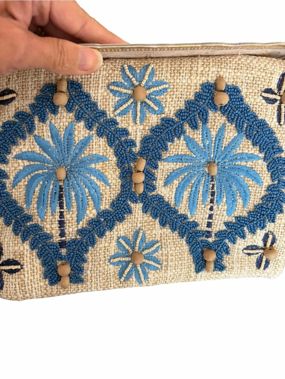 Handmade Blue Embroidered Palm Wristlet Cosmetic Bag